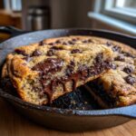 A slice of warm skillet tahini chocolate chip cookie showing melted, gooey chocolate chips inside a cast iron skillet.