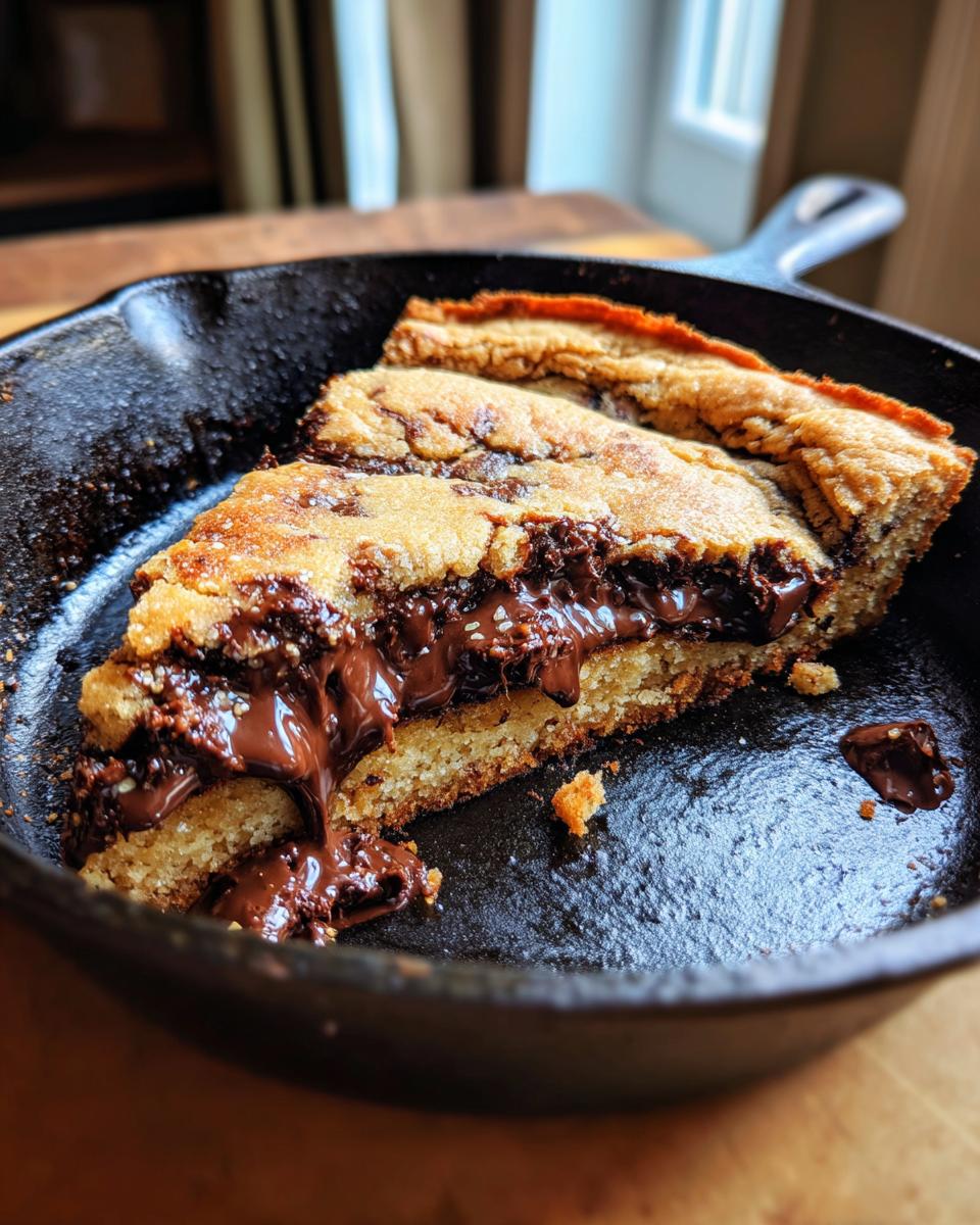 A slice of warm skillet tahini chocolate chip cookie with melted chocolate oozing out, served in a cast iron skillet.
