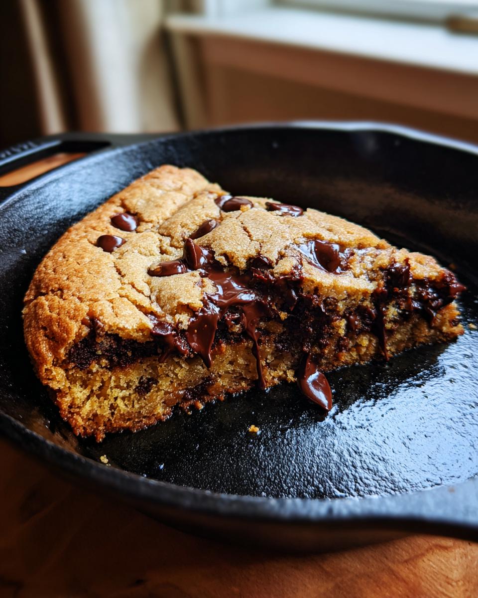 A gooey slice of skillet tahini chocolate chip cookie with melted chocolate oozing out, resting in a cast iron pan.