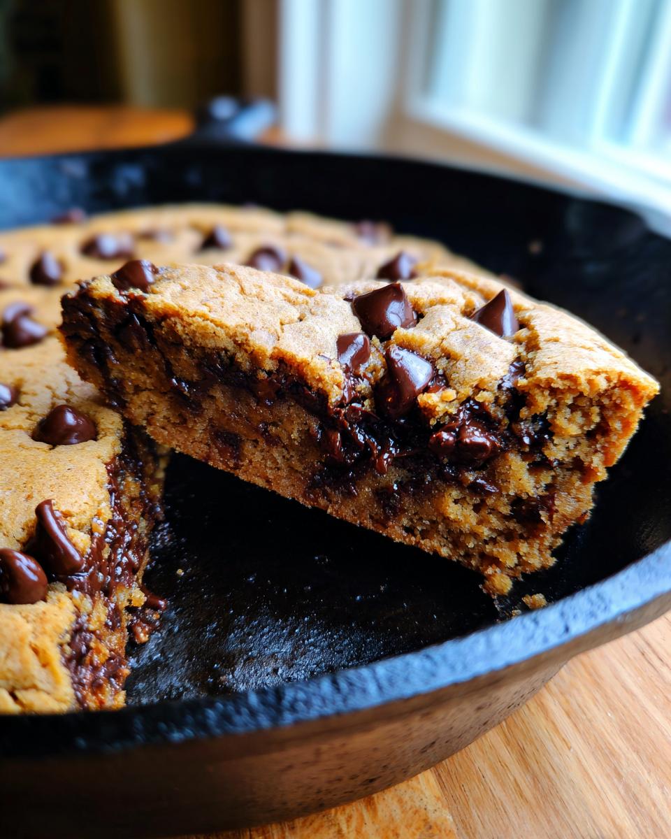 A thick slice cut from a skillet tahini chocolate chip cookie, showing gooey melted chocolate chips.