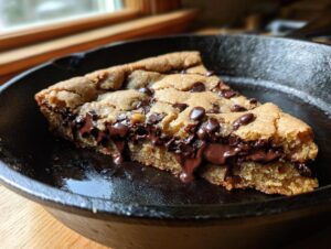 A gooey slice of skillet tahini chocolate chip cookie with melted chocolate oozing out, served in a cast iron skillet.