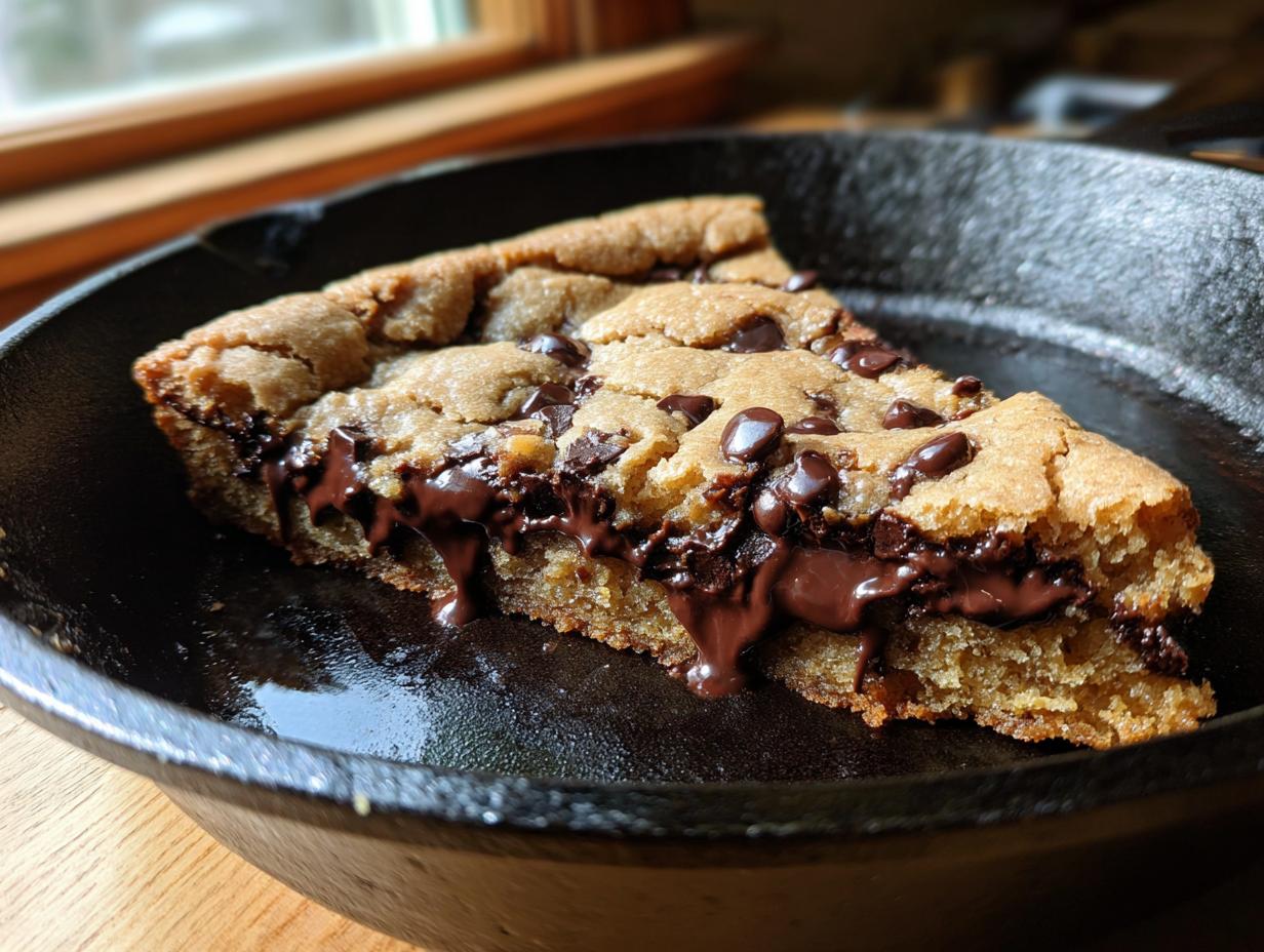 A gooey slice of skillet tahini chocolate chip cookie with melted chocolate oozing out, served in a cast iron skillet.