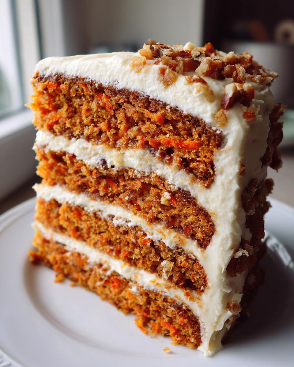 Close-up of a tall slice of three-layer carrot cake layer cake with thick cream cheese frosting and chopped nuts.