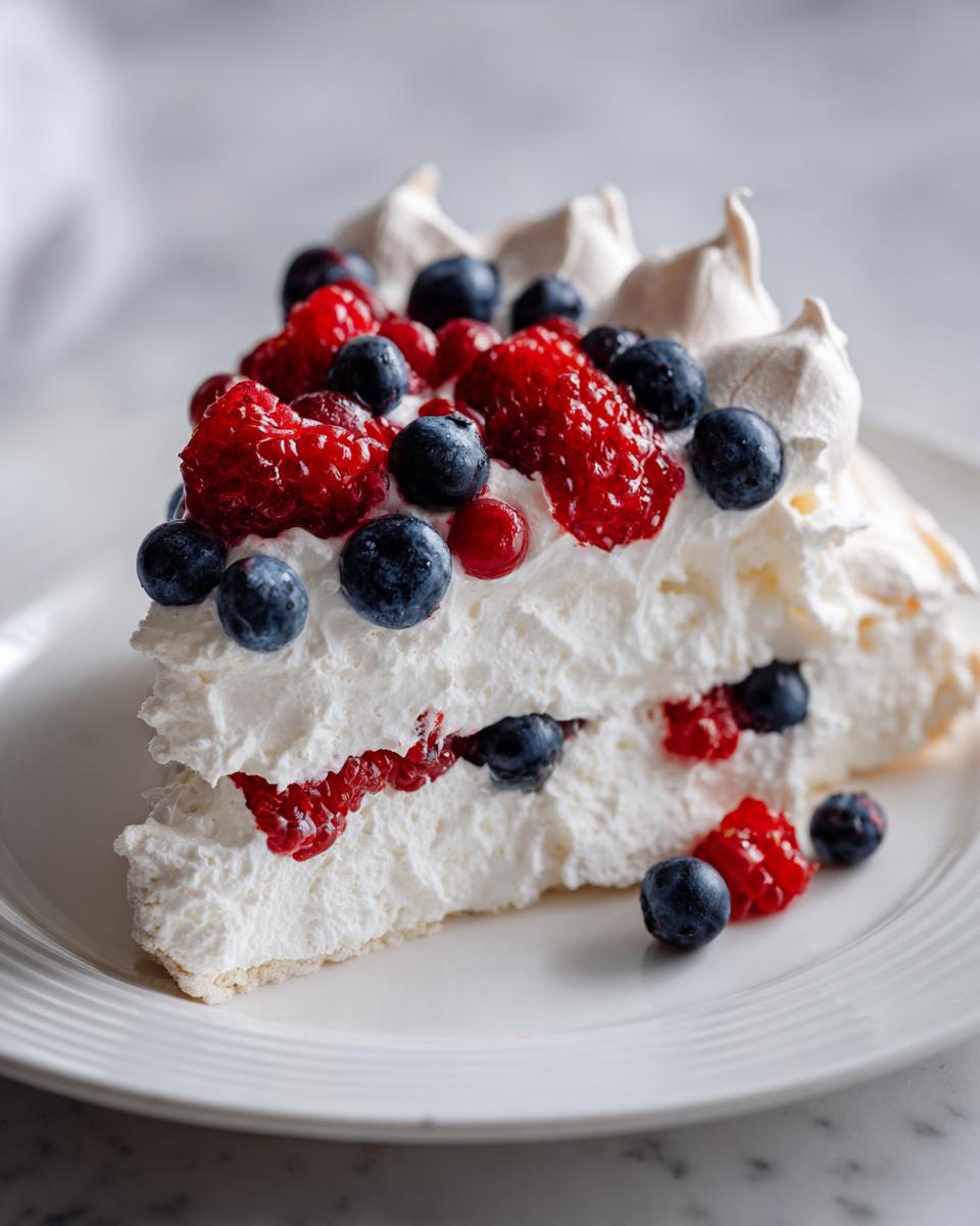 A perfect slice of berry pavlova featuring crisp meringue, thick whipped cream, raspberries, and blueberries.