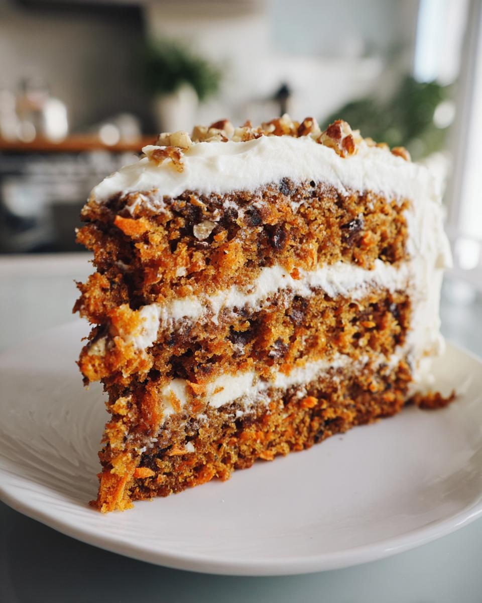 A thick, moist slice of layered carrot cake with cream cheese frosting and chopped pecans on top.
