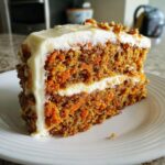 A close-up slice of moist cake showing layers of carrot cake and cream cheese frosting, part of the best carrot cake recipe.