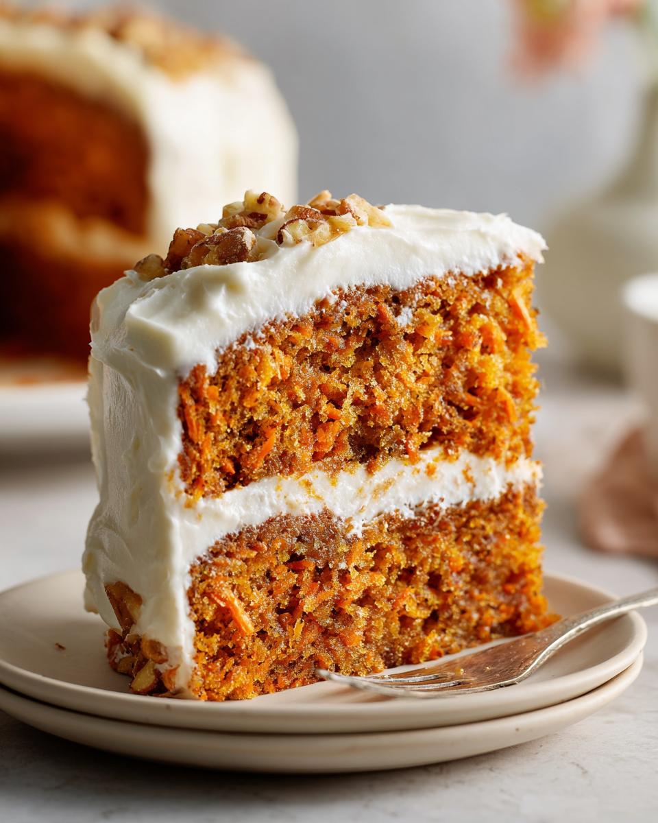 Close-up of a tall slice from the best carrot cake recipe, layered with cream cheese frosting and topped with walnuts.
