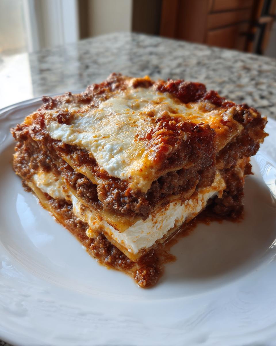 A delicious, thick slice of lasagna featuring layers of meat sauce, pasta, and creamy ricotta cheese.