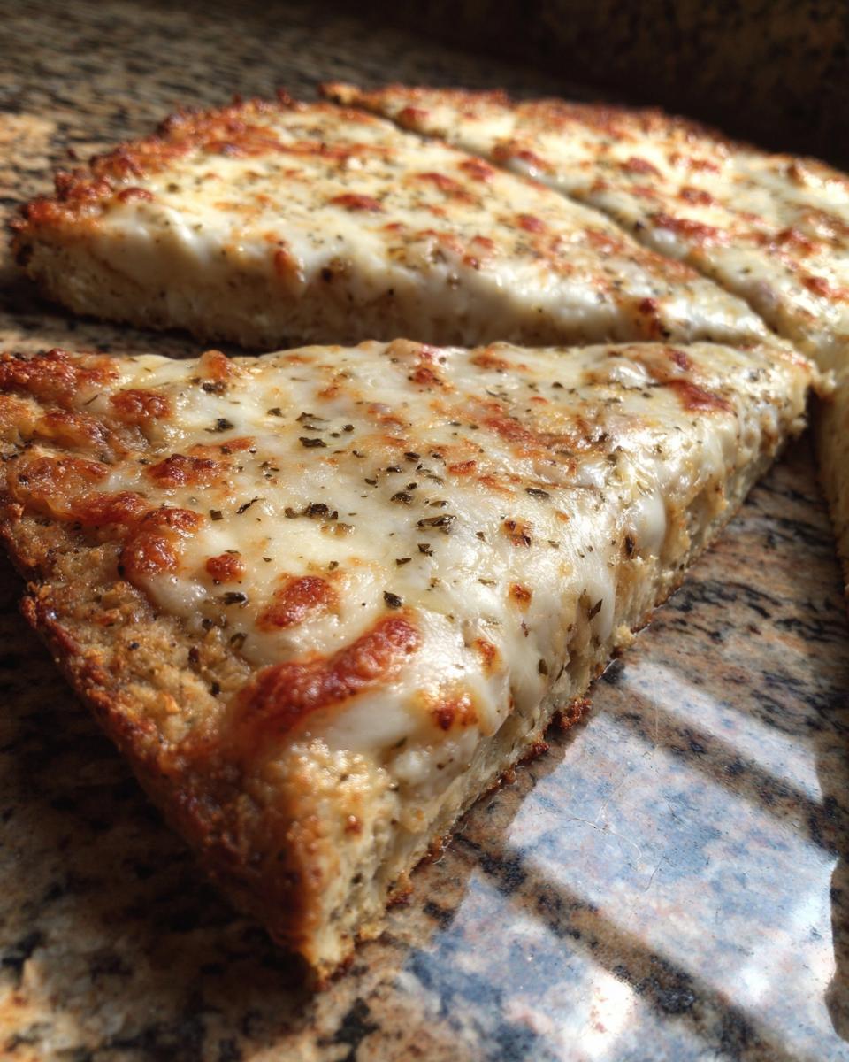 Close-up of a thick slice of pizza made with cottage cheese pizza crust, topped with melted mozzarella and herbs.