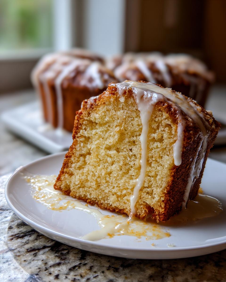 A close-up slice of moist cream cheese pound cake topped with a thick white glaze dripping onto a white plate.