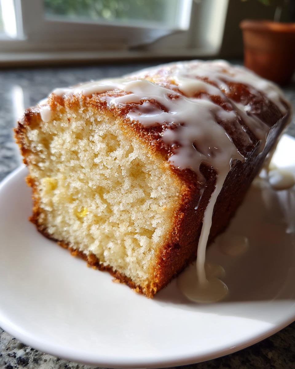 Close-up of a moist slice of cream cheese pound cake topped with a thick white glaze dripping onto a white plate.