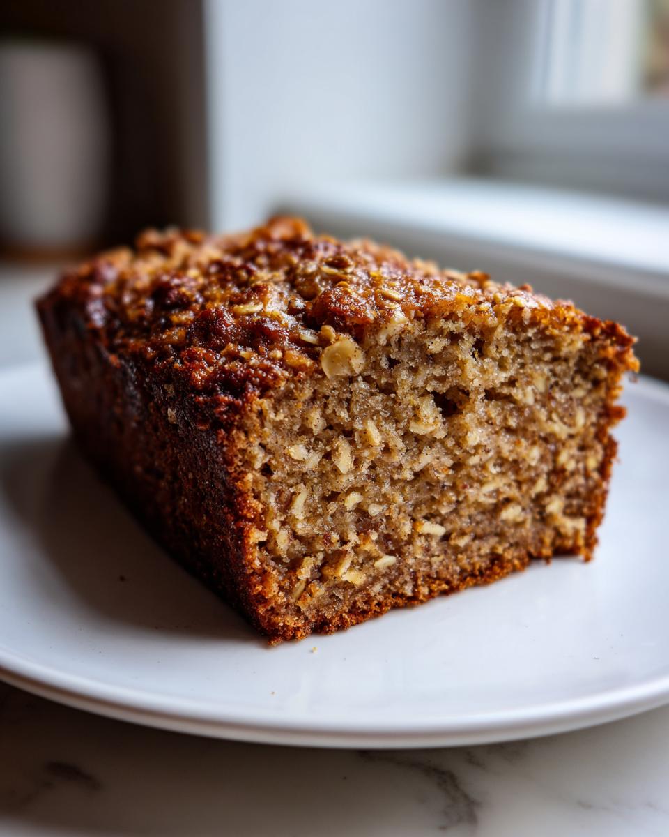 Close-up of a thick slice of moist easy oatmeal banana bread with a crunchy topping, served on a white plate.
