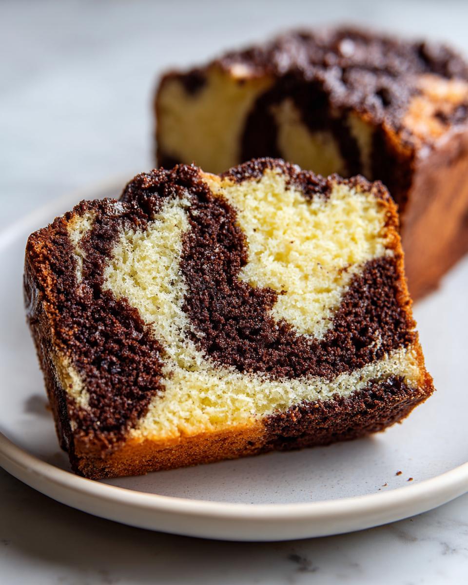 Close-up of a moist slice of german marble cake showing distinct vanilla and chocolate swirls.