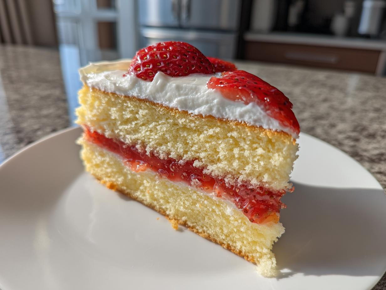 A moist slice of german strawberry cake featuring layers of sponge cake, strawberry filling, and whipped cream topped with fresh strawberries.