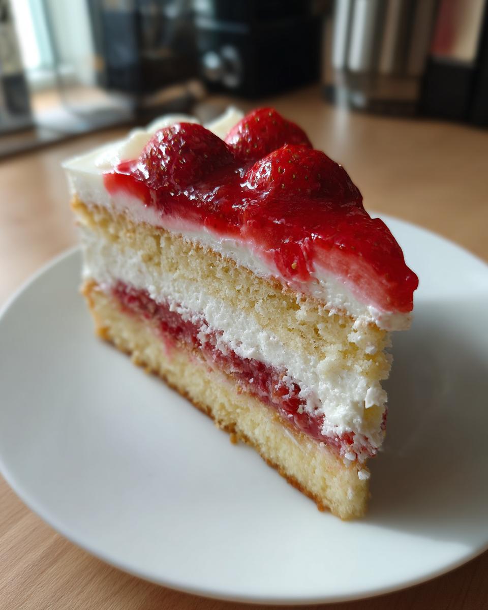 A delicious slice of german strawberry cake with layers of sponge, cream, and fresh strawberries on top.