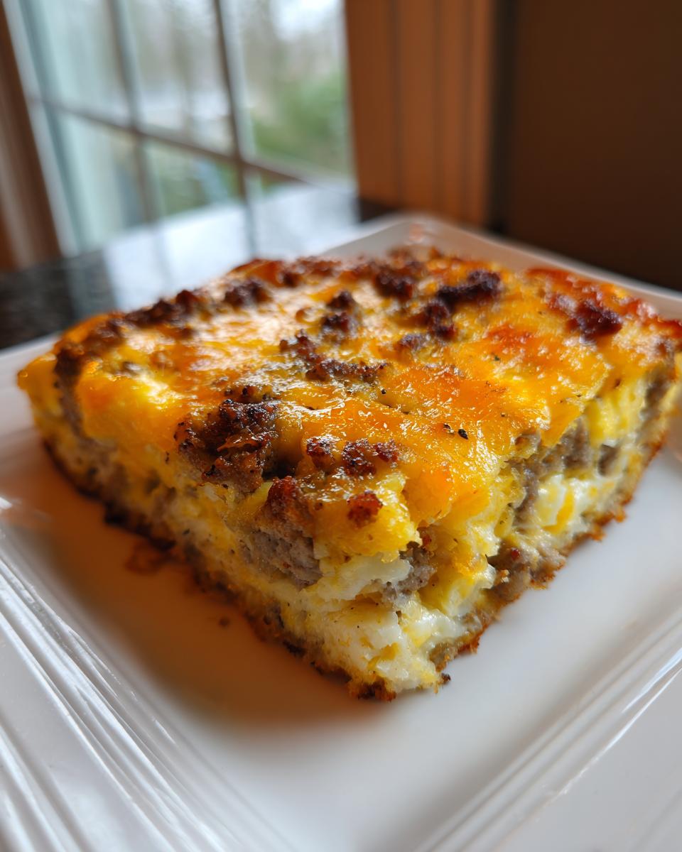 A close-up of a hearty slice of hash brown egg casserole topped with melted cheddar cheese and sausage crumbles.