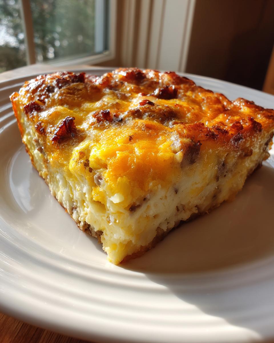A perfectly baked slice of hash brown egg casserole featuring a golden, cheesy top and visible sausage pieces.