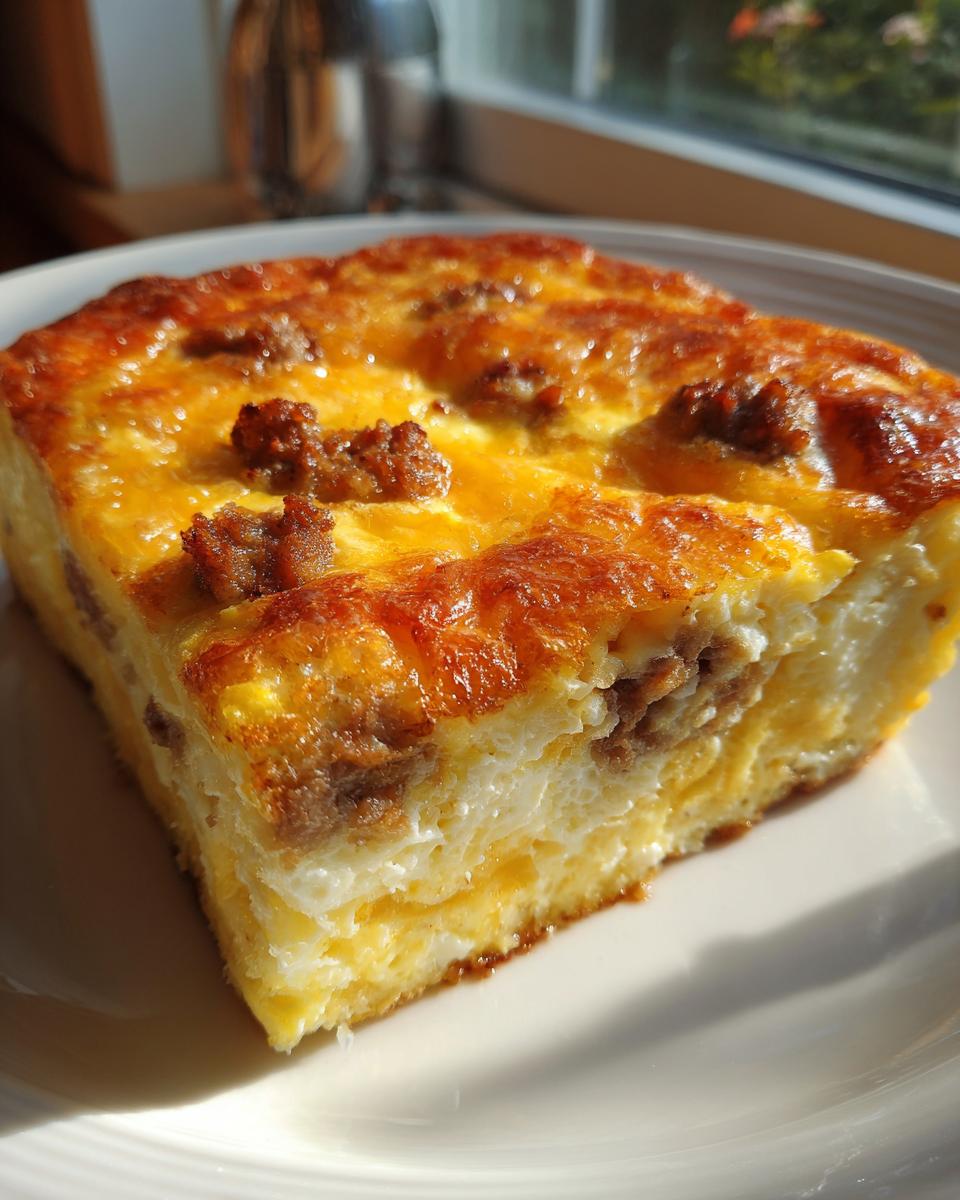 A square slice of baked hash brown egg casserole topped with browned sausage chunks, served on a white plate.