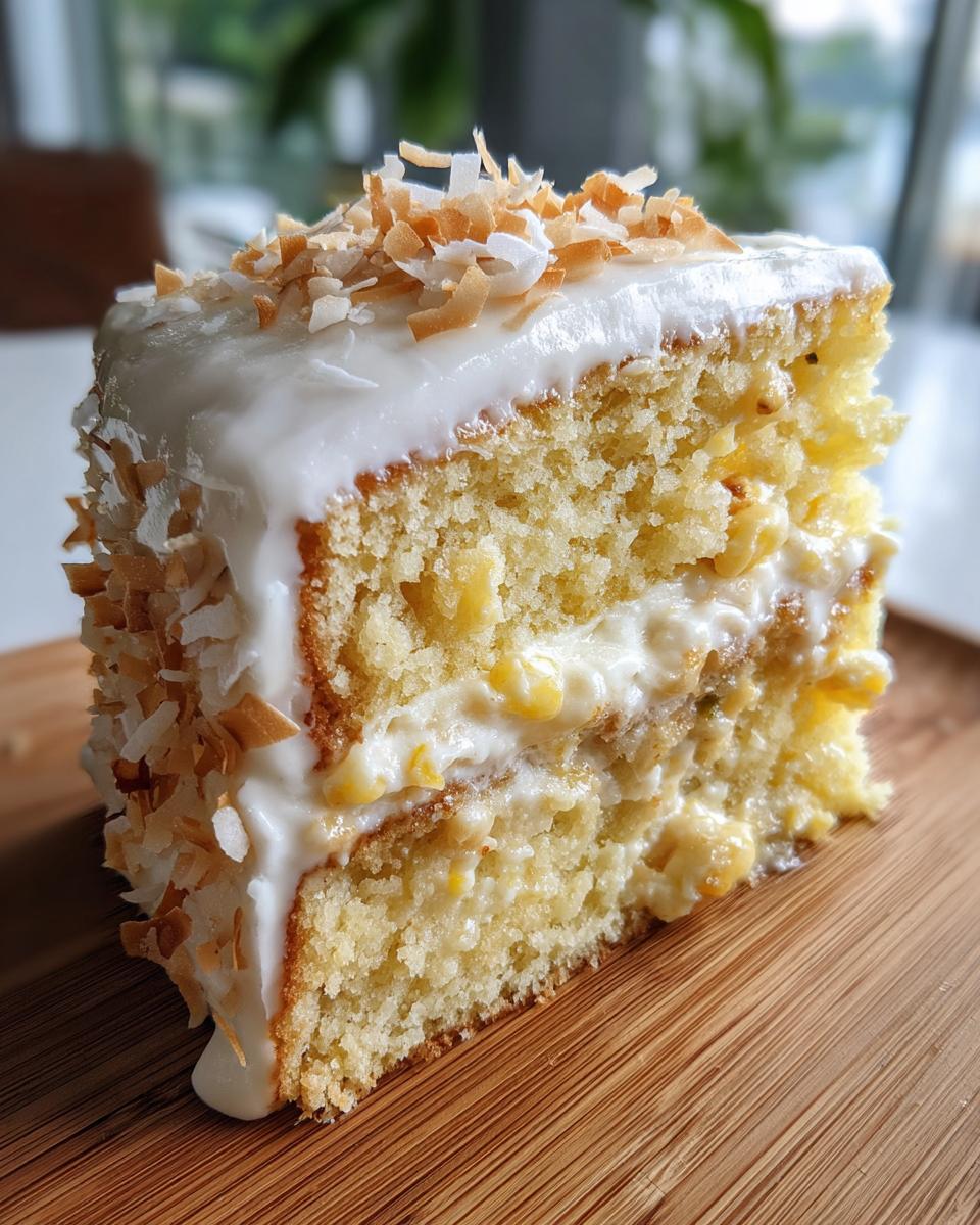 Close-up of a moist slice of hawaiian wedding cake with white frosting and toasted coconut flakes.