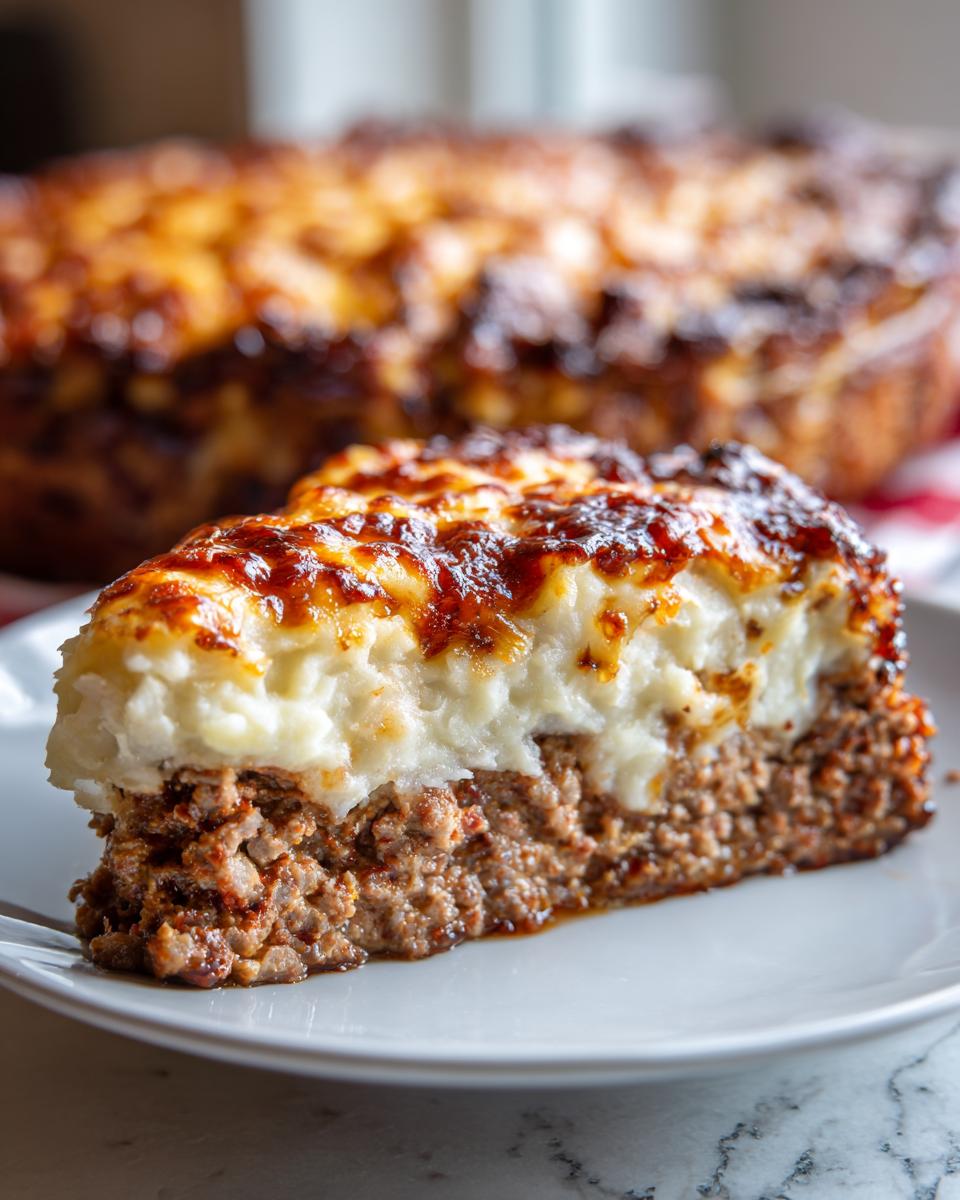 A thick slice of meatloaf casserole topped with creamy mashed potatoes and a browned, cheesy crust.
