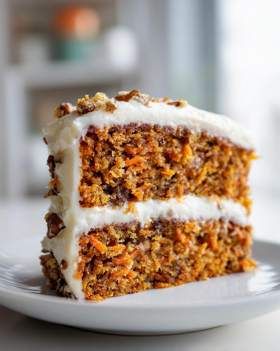 A close-up of a tall, two-layer slice from the best carrot cake recipe, covered in cream cheese frosting and topped with walnuts.