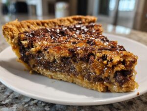 Close-up of a rich slice of texas trash pie showing a gooey, chocolate chip-filled center and flaky crust.