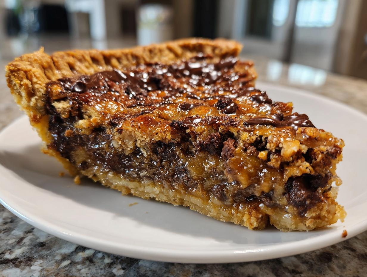 Close-up of a rich slice of texas trash pie showing a gooey, chocolate chip-filled center and flaky crust.