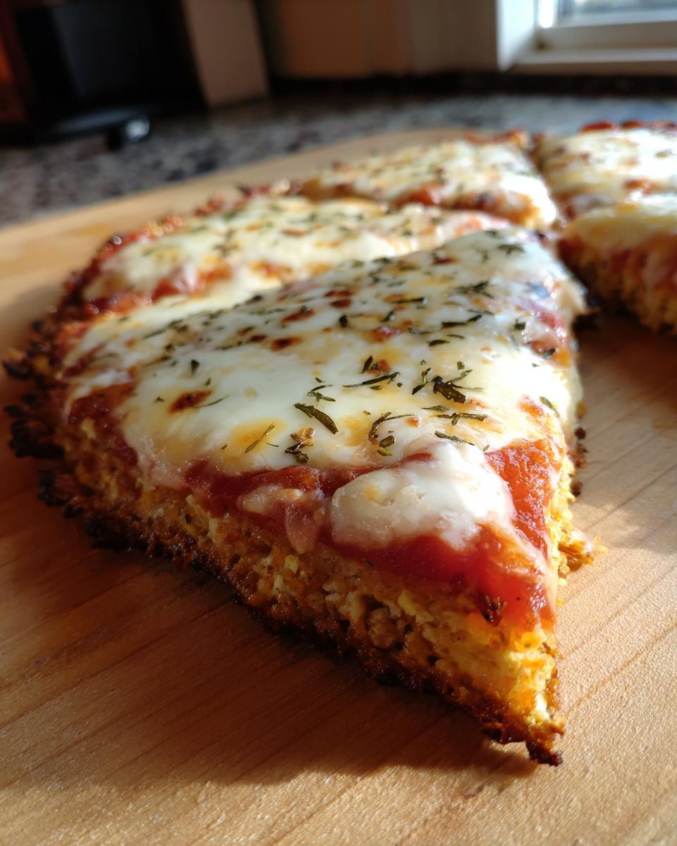 Close-up of a slice of pizza featuring a thick, golden cottage cheese pizza crust topped with sauce and melted mozzarella.