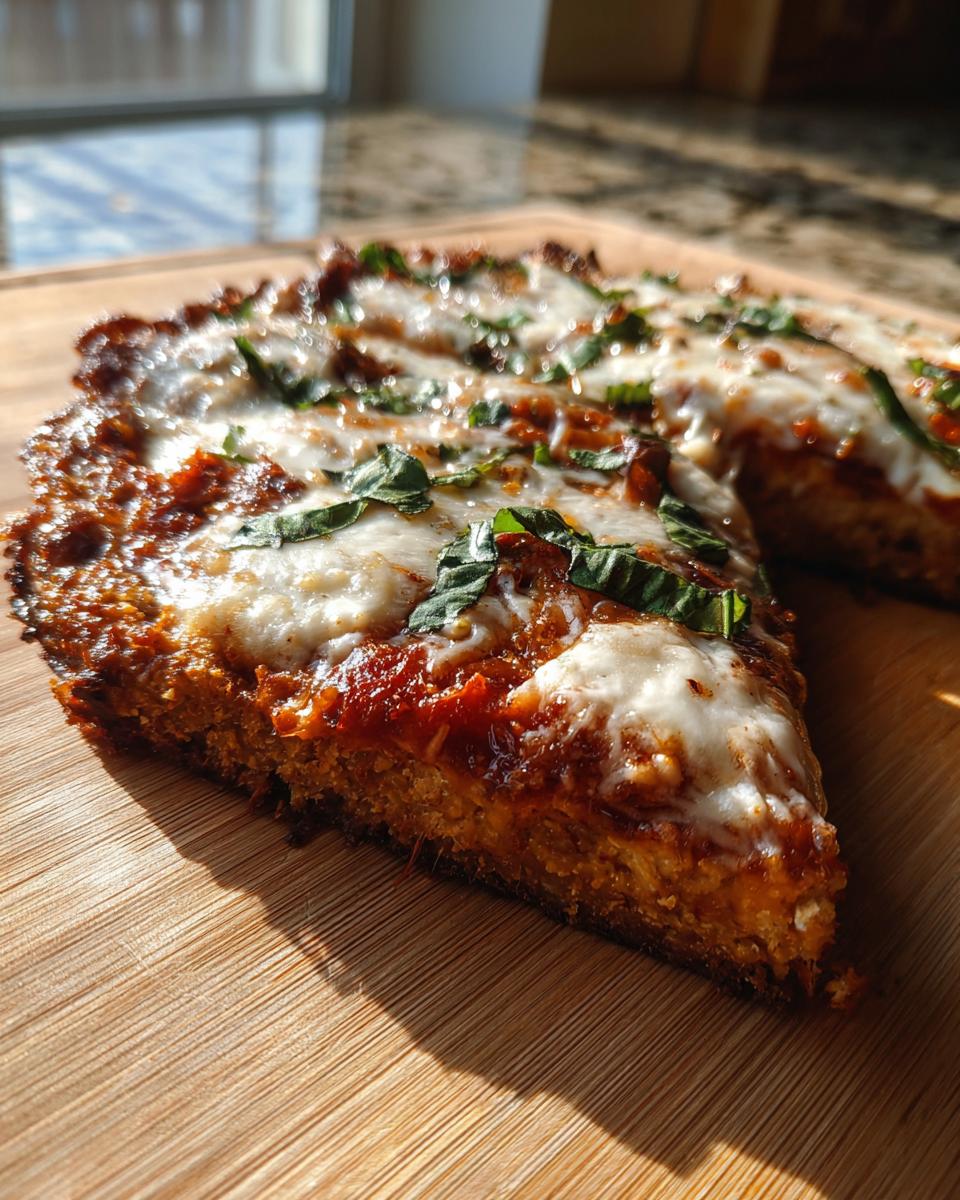 A close-up slice of pizza featuring melted mozzarella, tomato sauce, and basil, resting on a wooden board, highlighting the thick cottage cheese pizza crust.