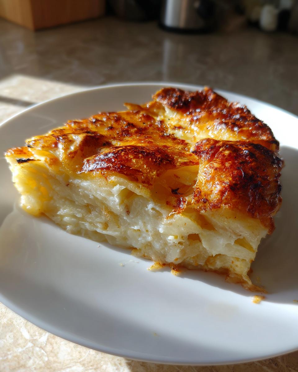 A thick slice of scalloped potatoes with cheese showing layers of tender potato and a deeply browned, cheesy top crust.
