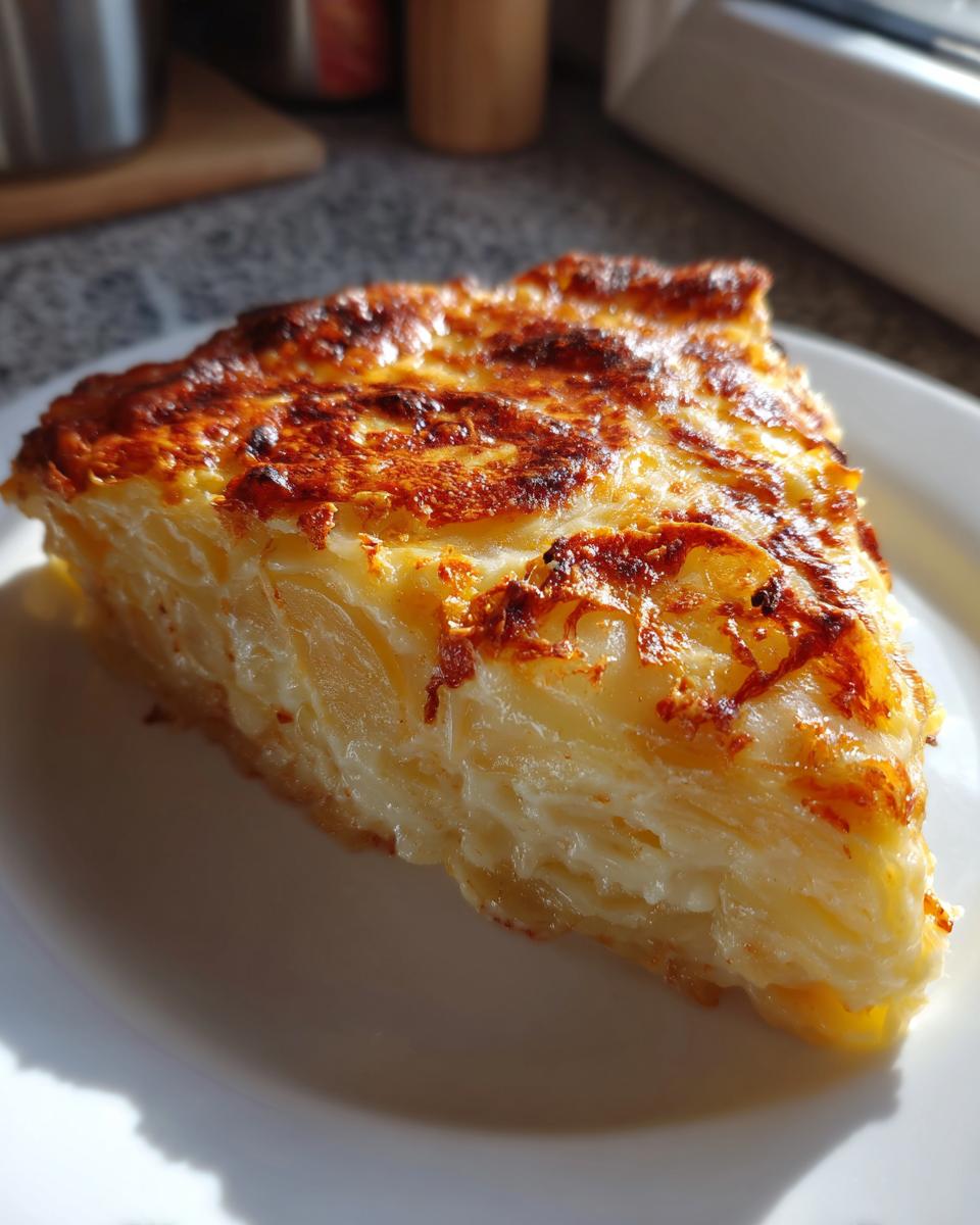 A golden-brown slice of rich, layered scalloped potatoes with cheese served on a white plate.