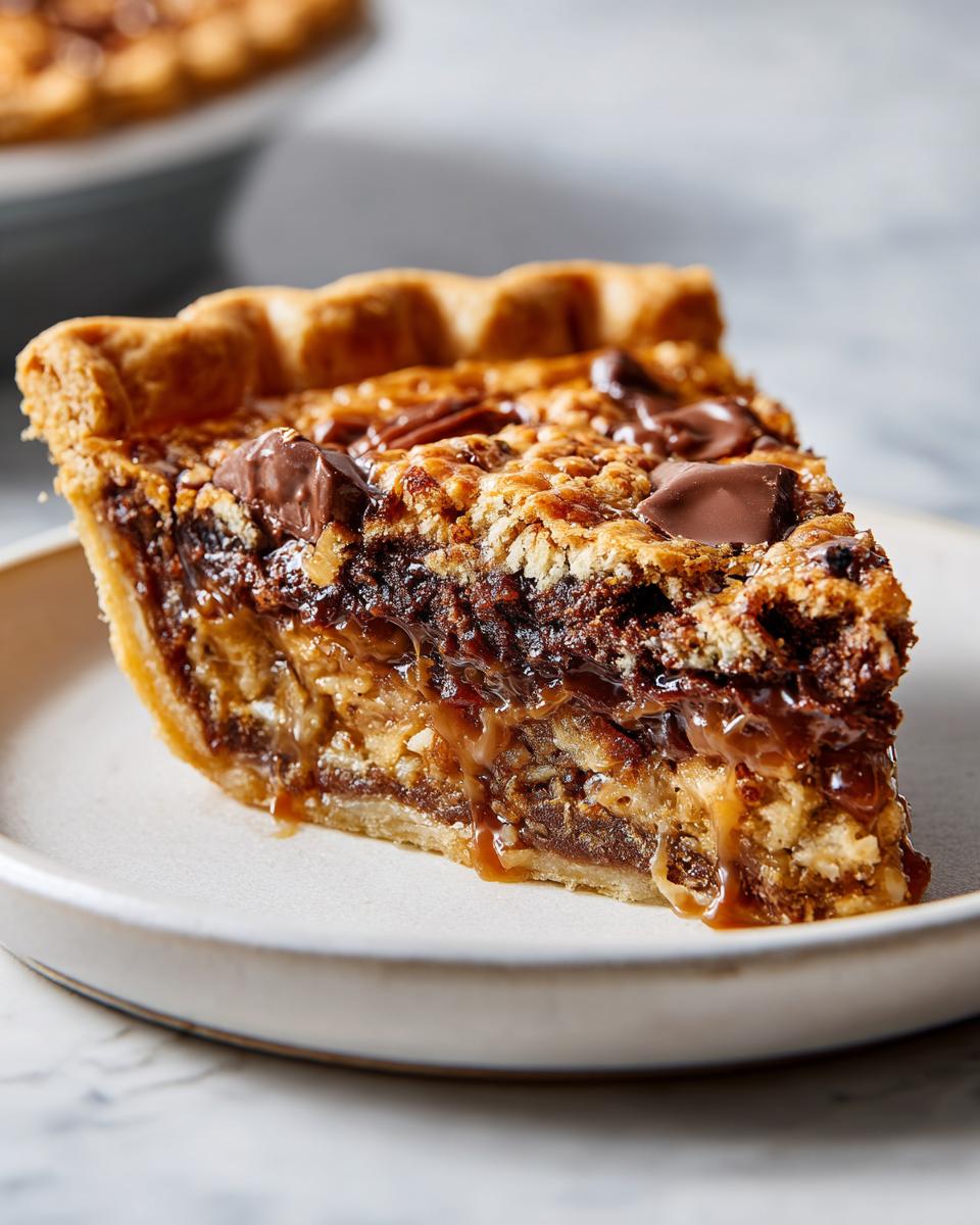 Close-up of a decadent slice of texas trash pie showing layers of chocolate, caramel, and a crumbly topping in a flaky crust.