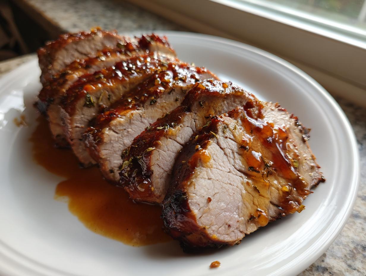 Slices of juicy crockpot pork tenderloin covered in a savory, glossy glaze and herbs on a white plate.
