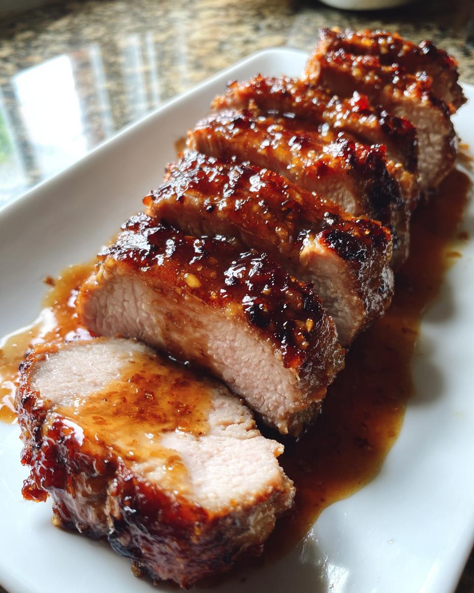 Close-up of sliced crockpot pork tenderloin, moist and covered in a shiny, sweet glaze.