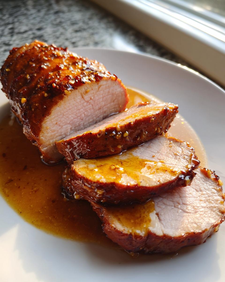 Close-up of sliced crockpot pork tenderloin, juicy and covered in a sweet, mustard-flecked glaze.