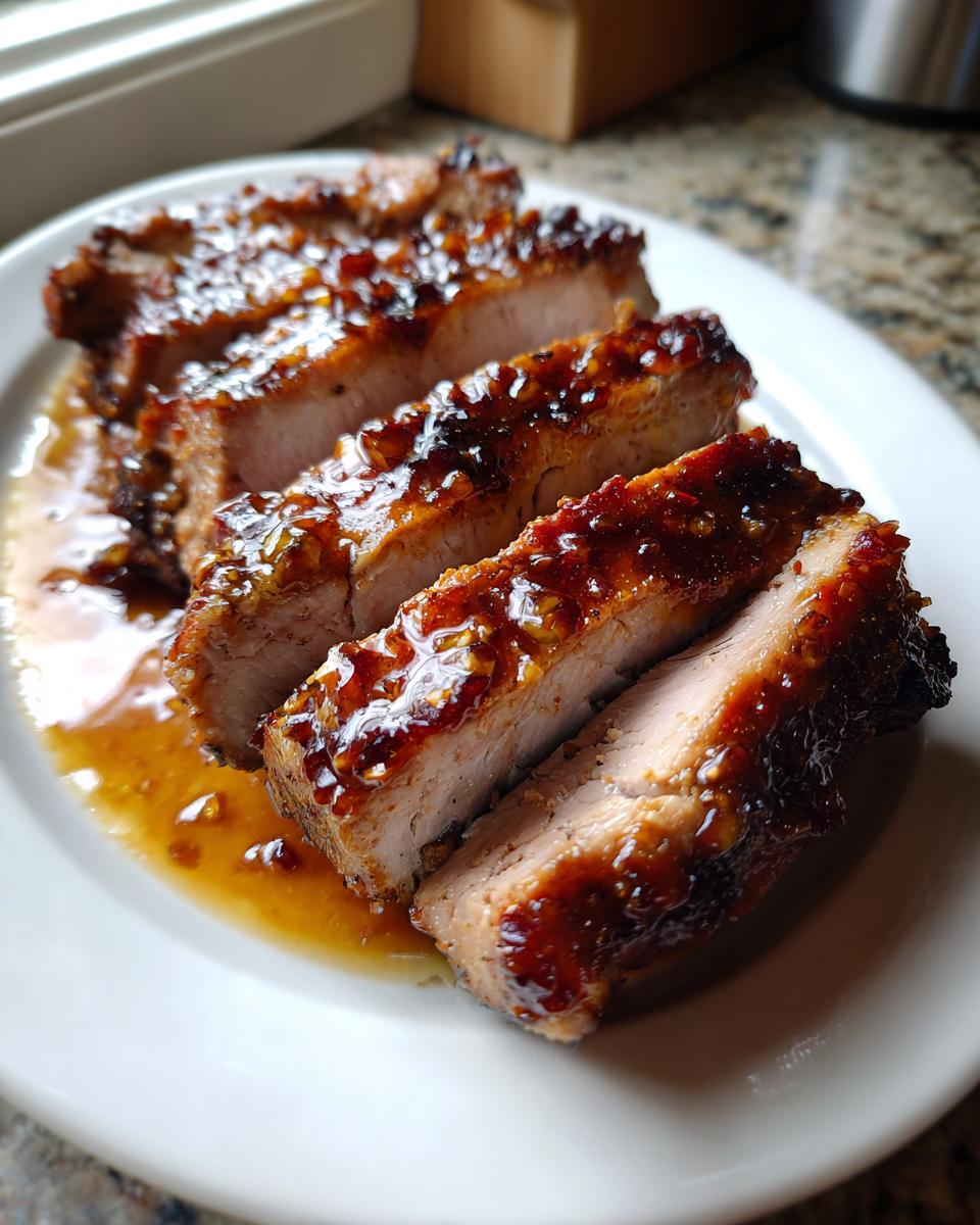 Four thick slices of juicy crockpot pork tenderloin covered in a rich, shiny brown glaze served on a white plate.