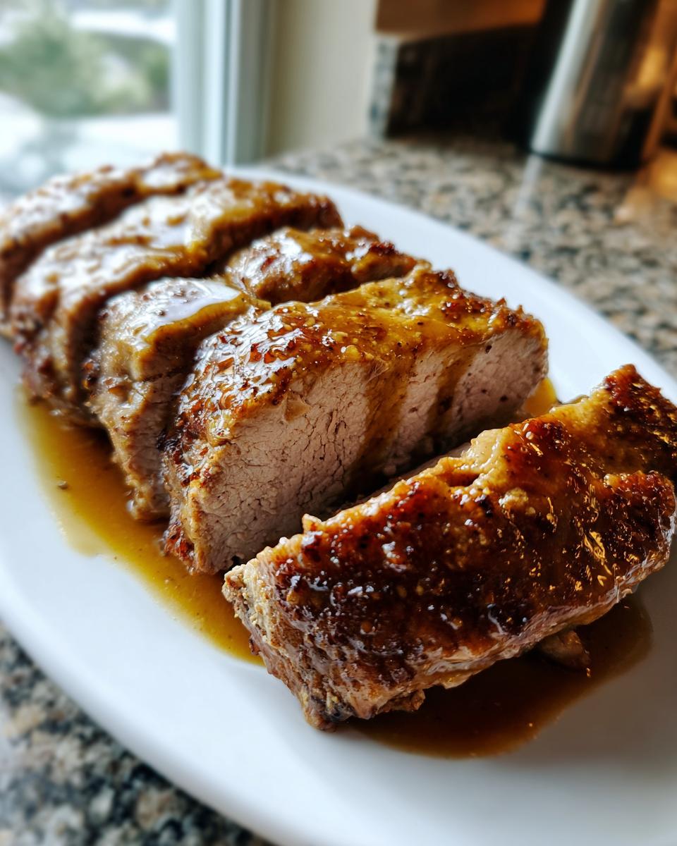 Close-up of sliced crockpot pork tenderloin, glistening with a rich, brown glaze and resting in its juices.