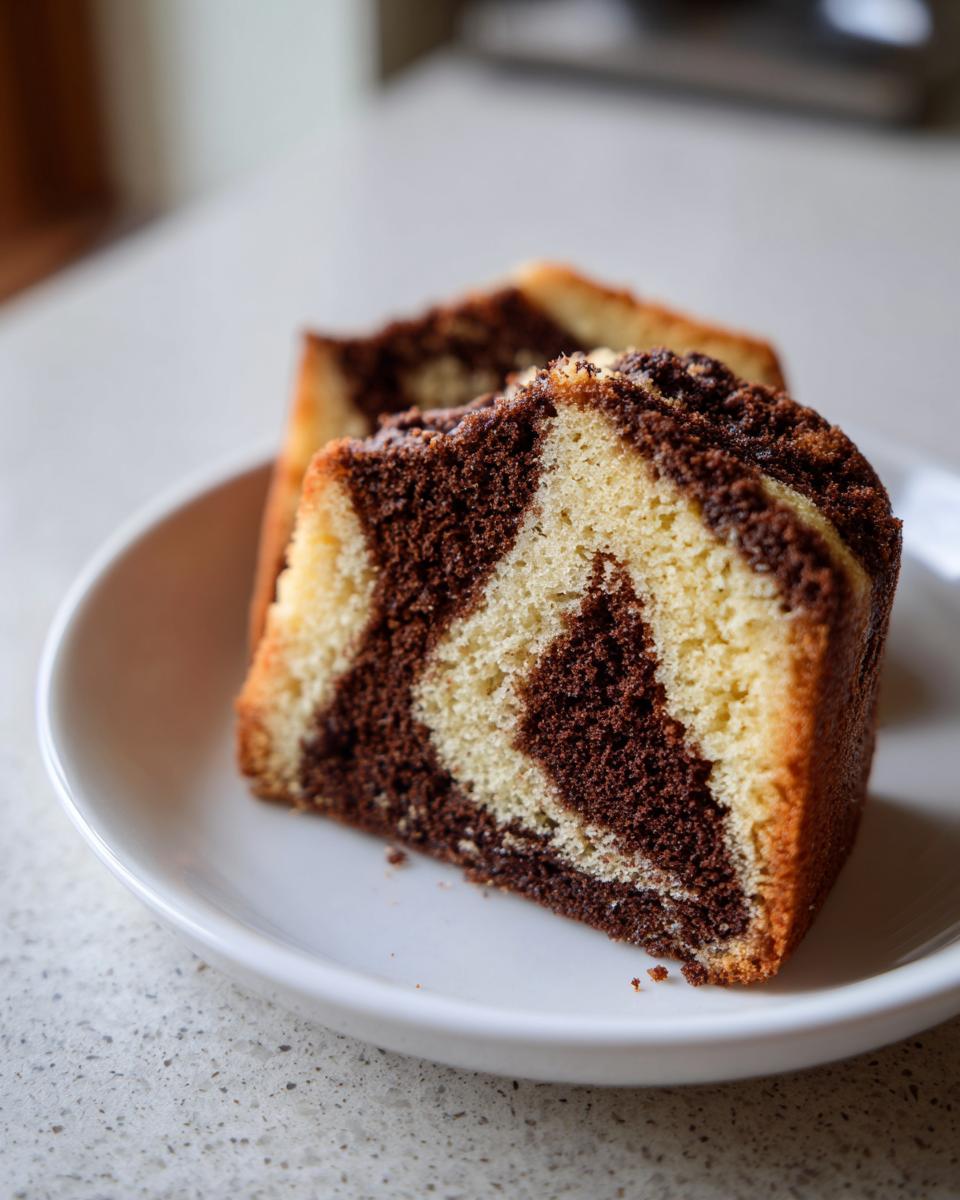 Two slices of moist german marble cake showing clear vanilla and chocolate swirls, served on a white plate.