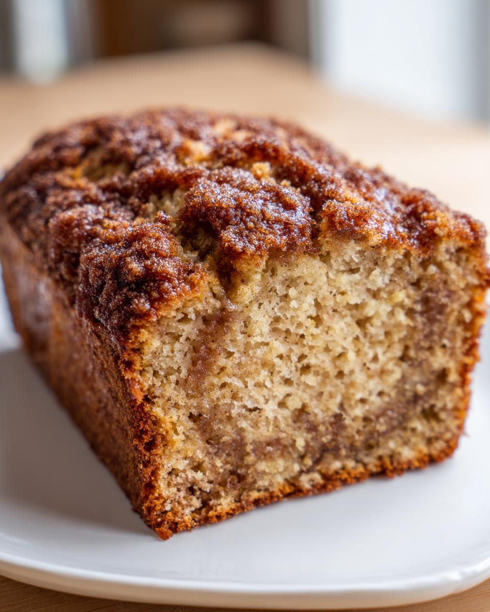A close-up of a freshly baked snickerdoodle banana bread loaf showing a moist crumb and cinnamon sugar topping.