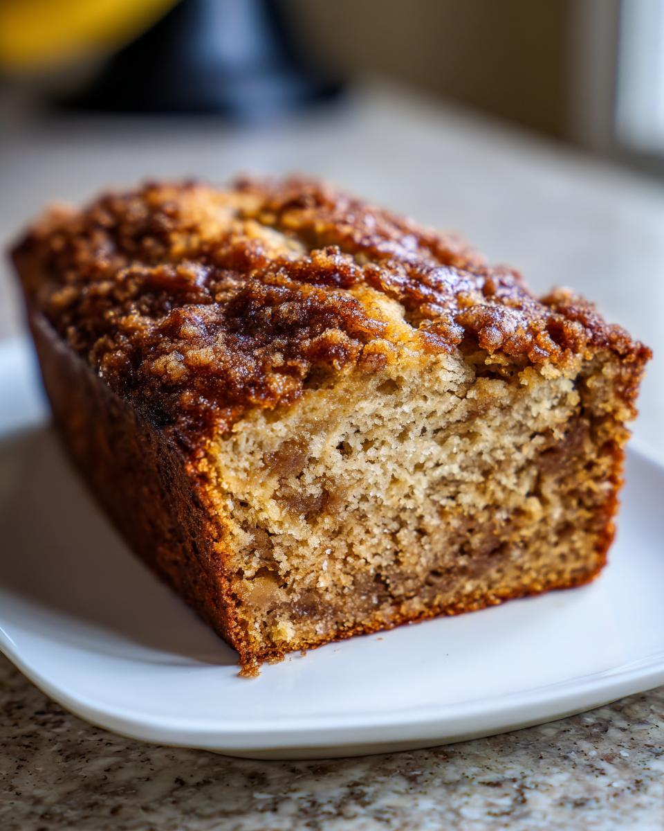 A loaf of freshly baked snickerdoodle banana bread with a thick, sugary, cinnamon crumb topping, sliced to show the moist interior.