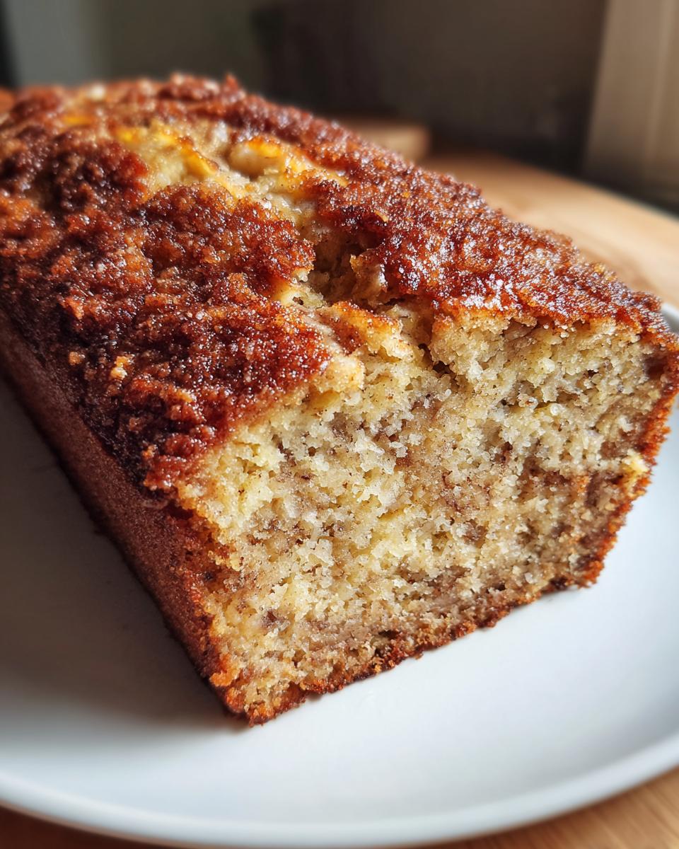 Close-up of a slice of moist snickerdoodle banana bread showing the crumb and sugary cinnamon topping.