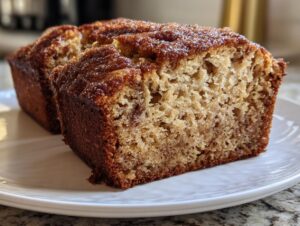 Two slices of moist snickerdoodle banana bread with a cinnamon-sugar topping served on a white plate.