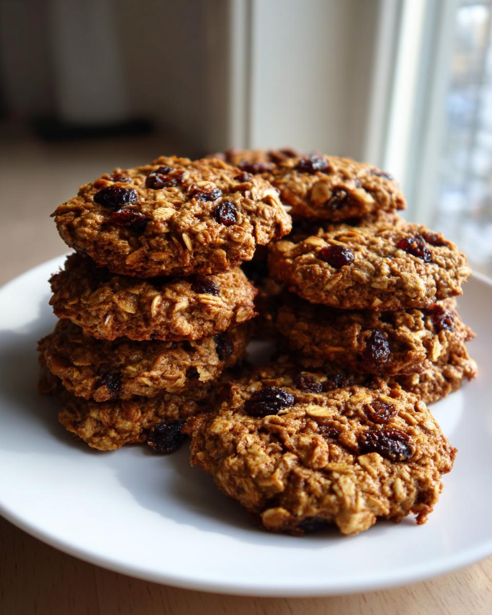 A stack of soft, chewy oatmeal raisin cookies piled high on a white plate, ready to eat.