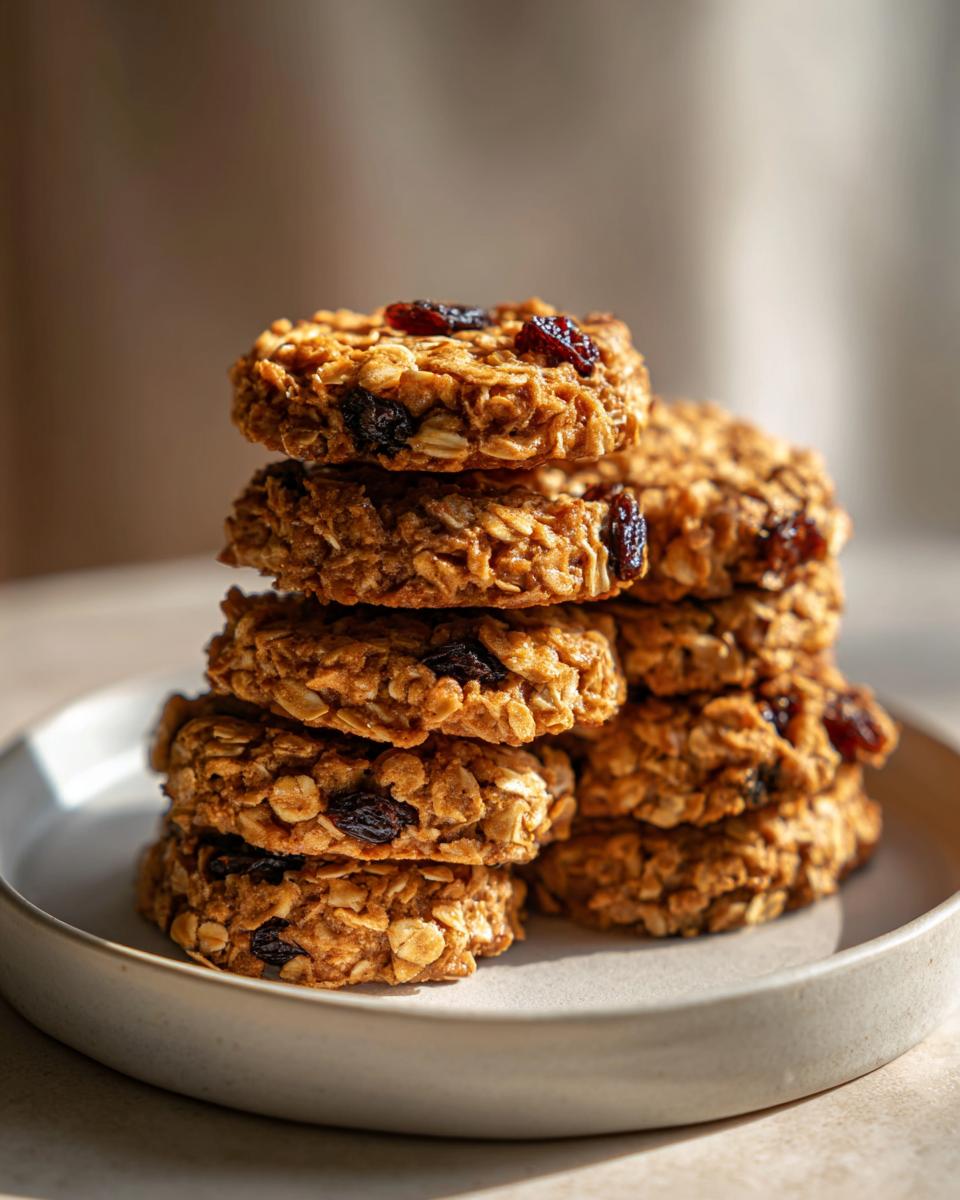 A tall stack of soft oatmeal raisin cookies, showcasing visible oats and dried fruit, resting on a light-colored plate.