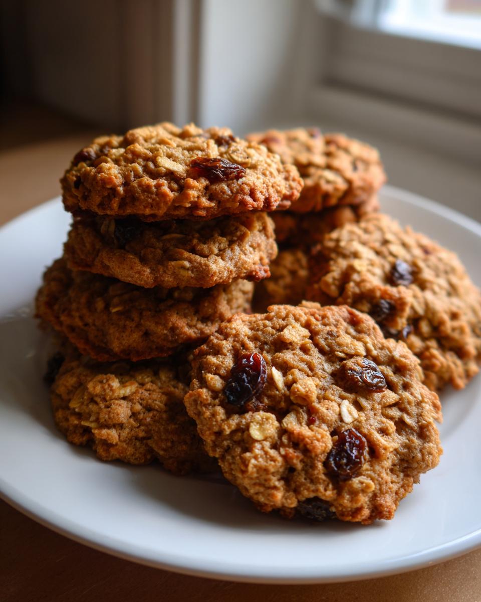 A close-up stack of soft oatmeal raisin cookies piled high on a white plate, showing texture and raisins.