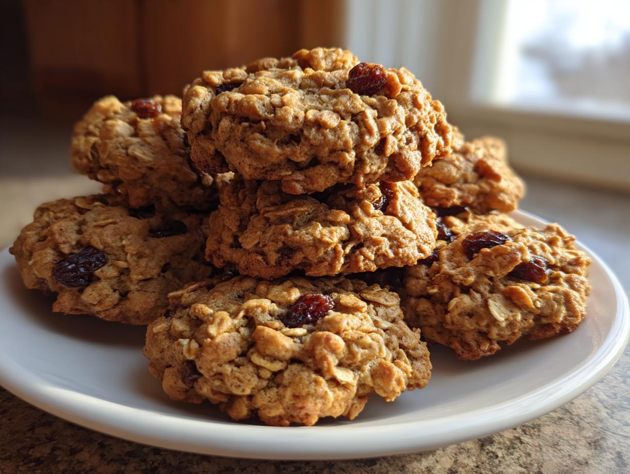 A close-up stack of soft oatmeal raisin cookies piled high on a white plate, featuring visible oats and plump raisins.