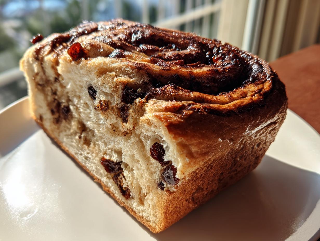 Close-up of a thick slice of soft raisin bread showing the swirl of cinnamon filling and plump raisins throughout the crumb.