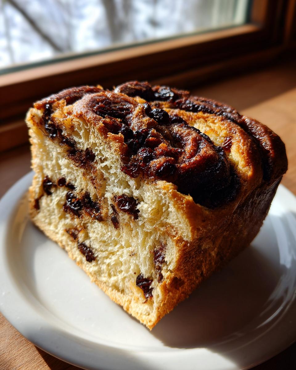A thick, soft slice of homemade raisin bread with a rich, dark swirl filling, sitting on a white plate near a window.