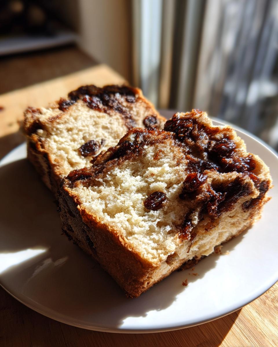 Two thick slices of soft, homemade raisin bread showing a light crumb and rich cinnamon-raisin swirl.