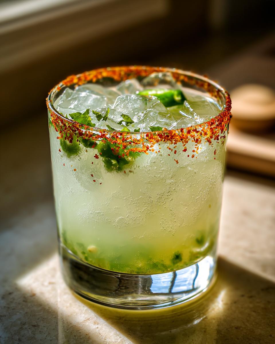 Close-up of a frosty firecracker margarita in a glass with a spicy chili salt rim and muddled jalapeño.